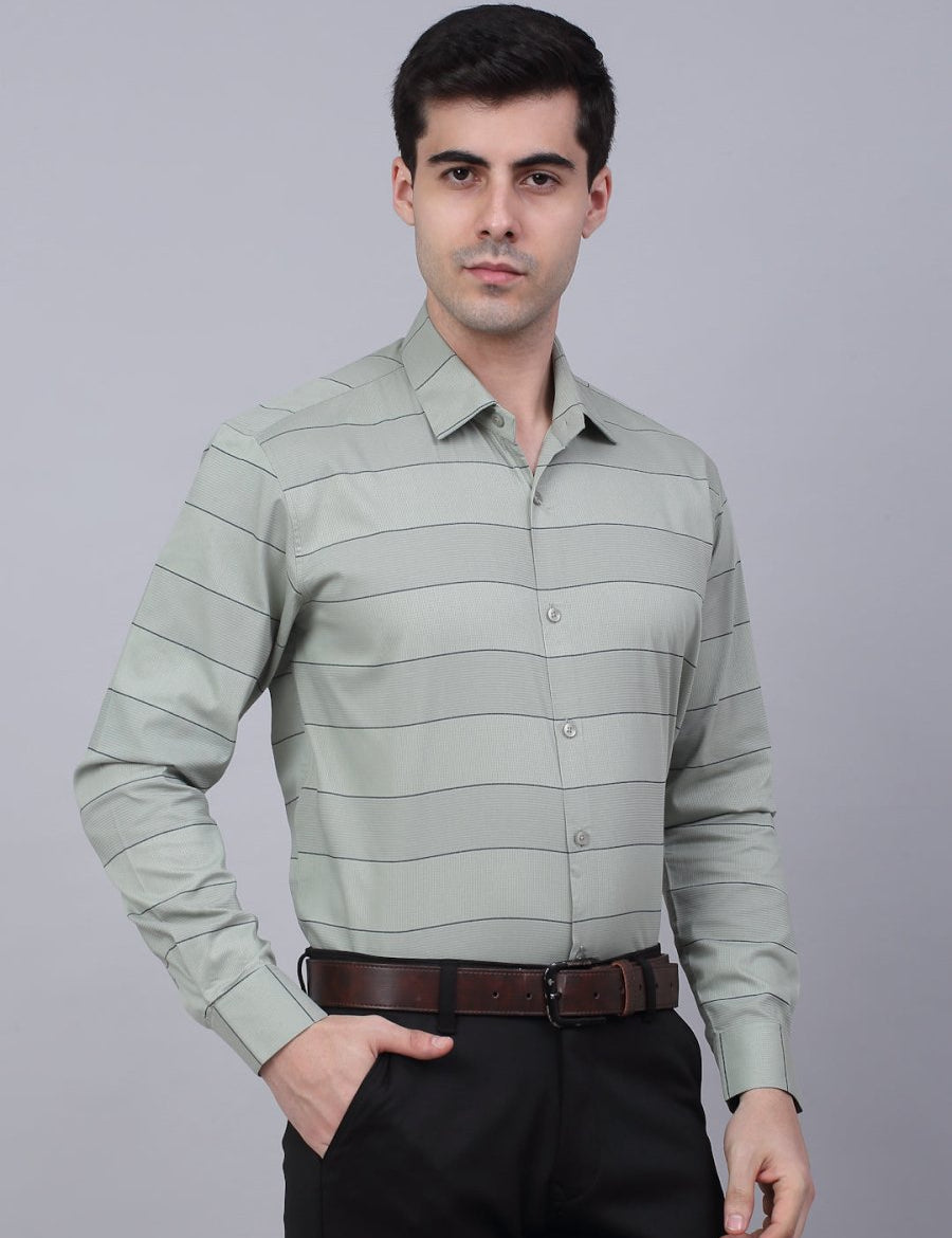 Men's Pista Green Horizontal Striped Formal Shirt - SF_839Pista_S