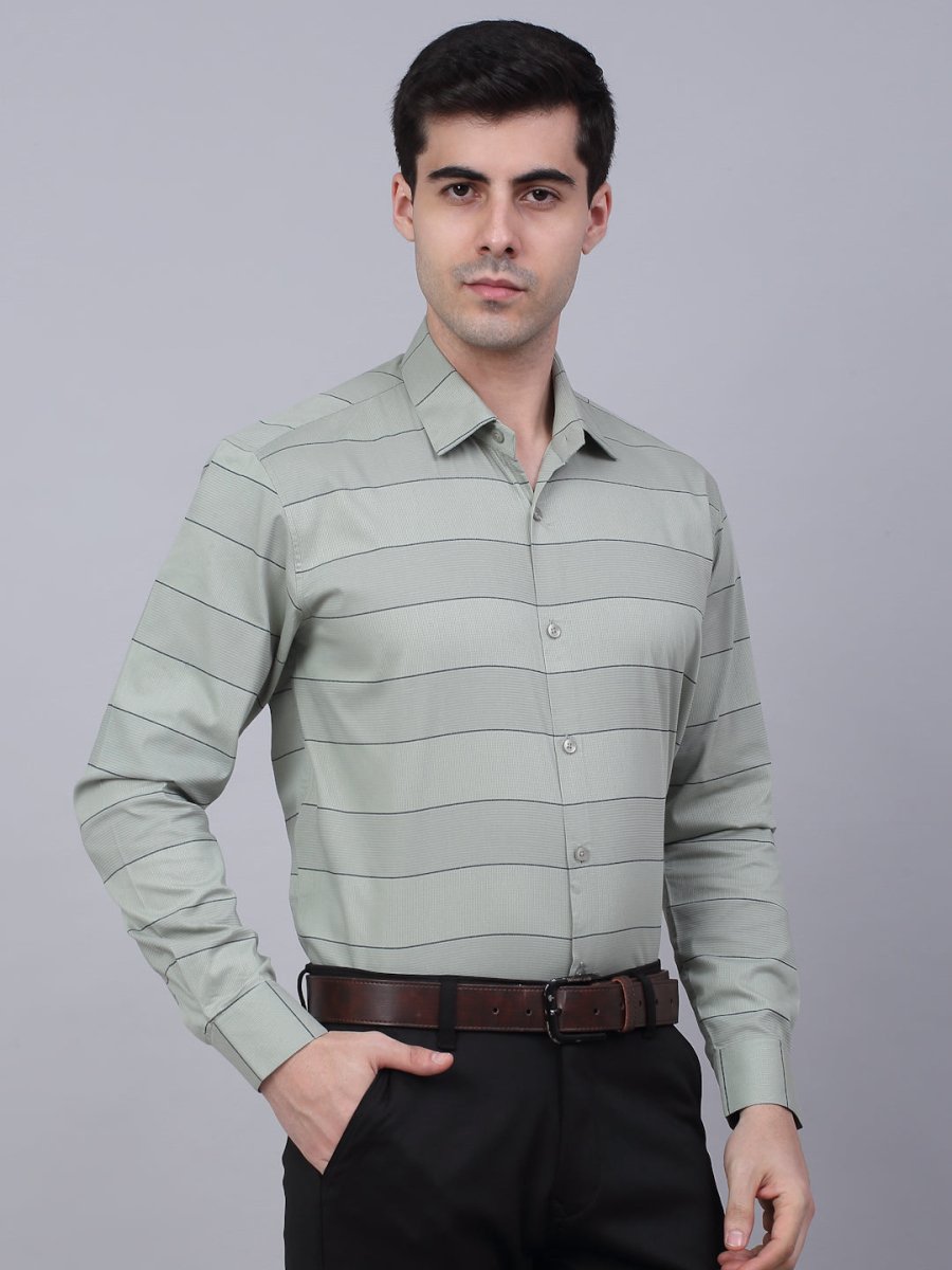 Men's Pista Green Horizontal Striped Formal Shirt - SF_839Pista_S
