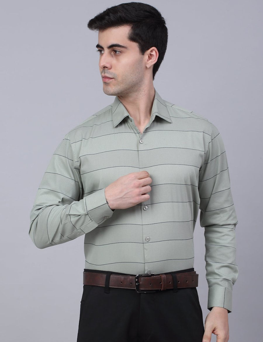 Men's Pista Green Horizontal Striped Formal Shirt - SF_839Pista_S