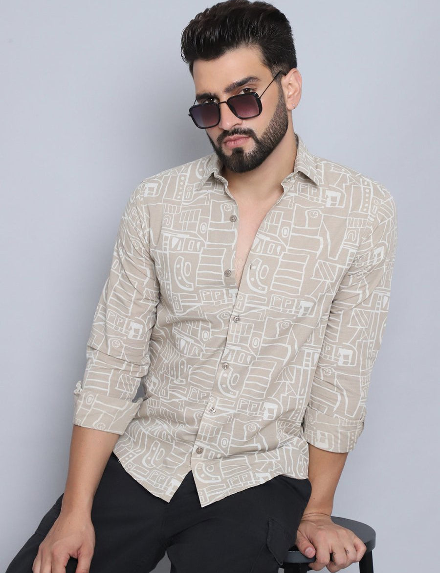 Men's Printed Casual Shirt - SF_994Beige_S