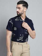 Men's Printed Formal Shirt - SF_882Navy_S