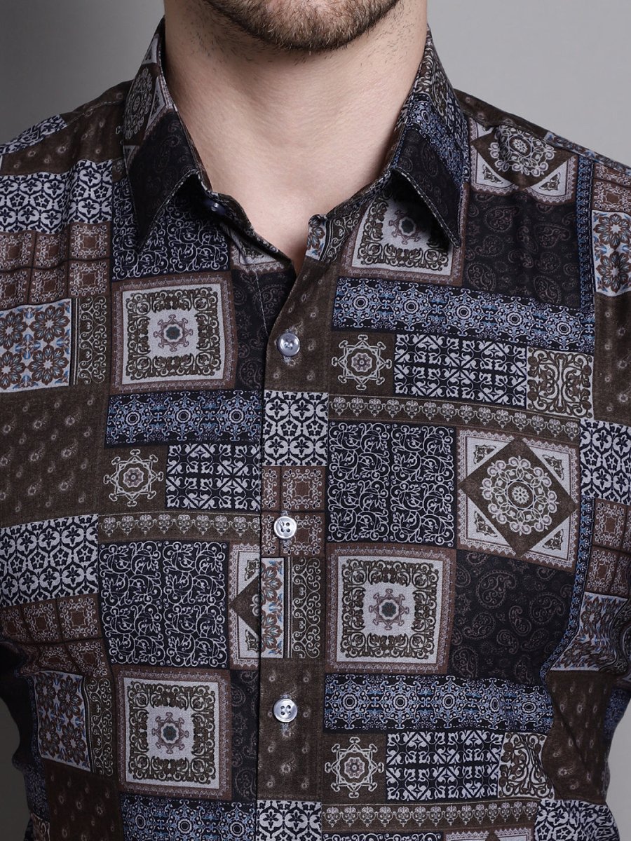 Men's Printed Formal Shirt - Sf_894Coffee_S