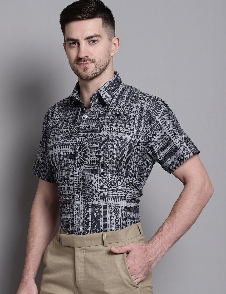 Men's Printed Formal Shirt - SF_894Grey_S