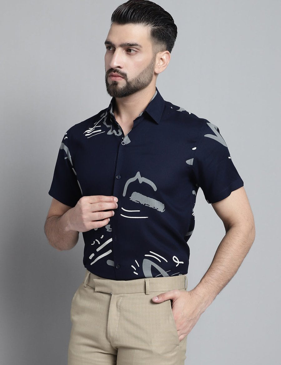 Men's Printed Formal Shirt - SF_882Navy_S