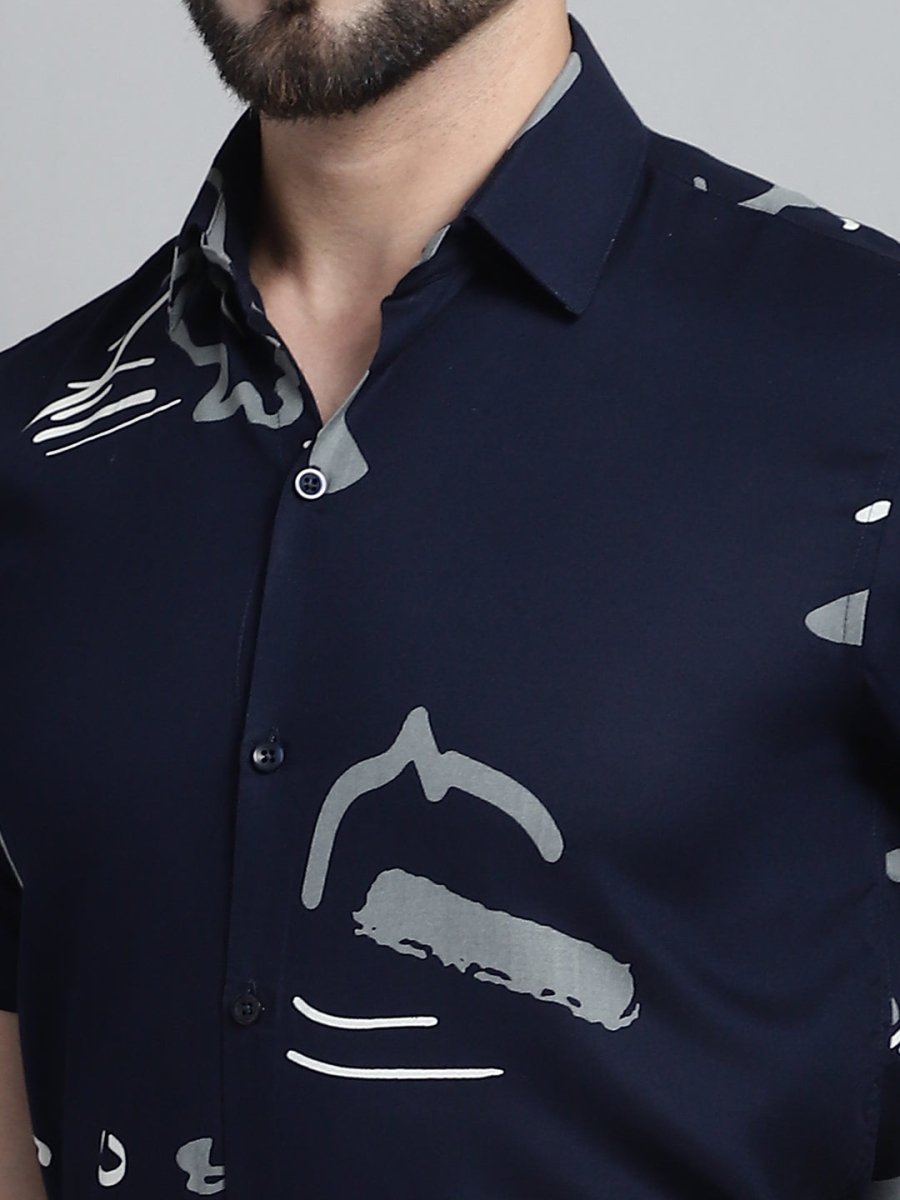 Men's Printed Formal Shirt - SF_882Navy_S