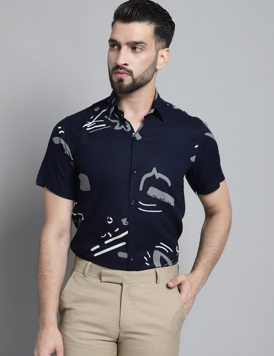 Men's Printed Formal Shirt - SF_882Navy_S