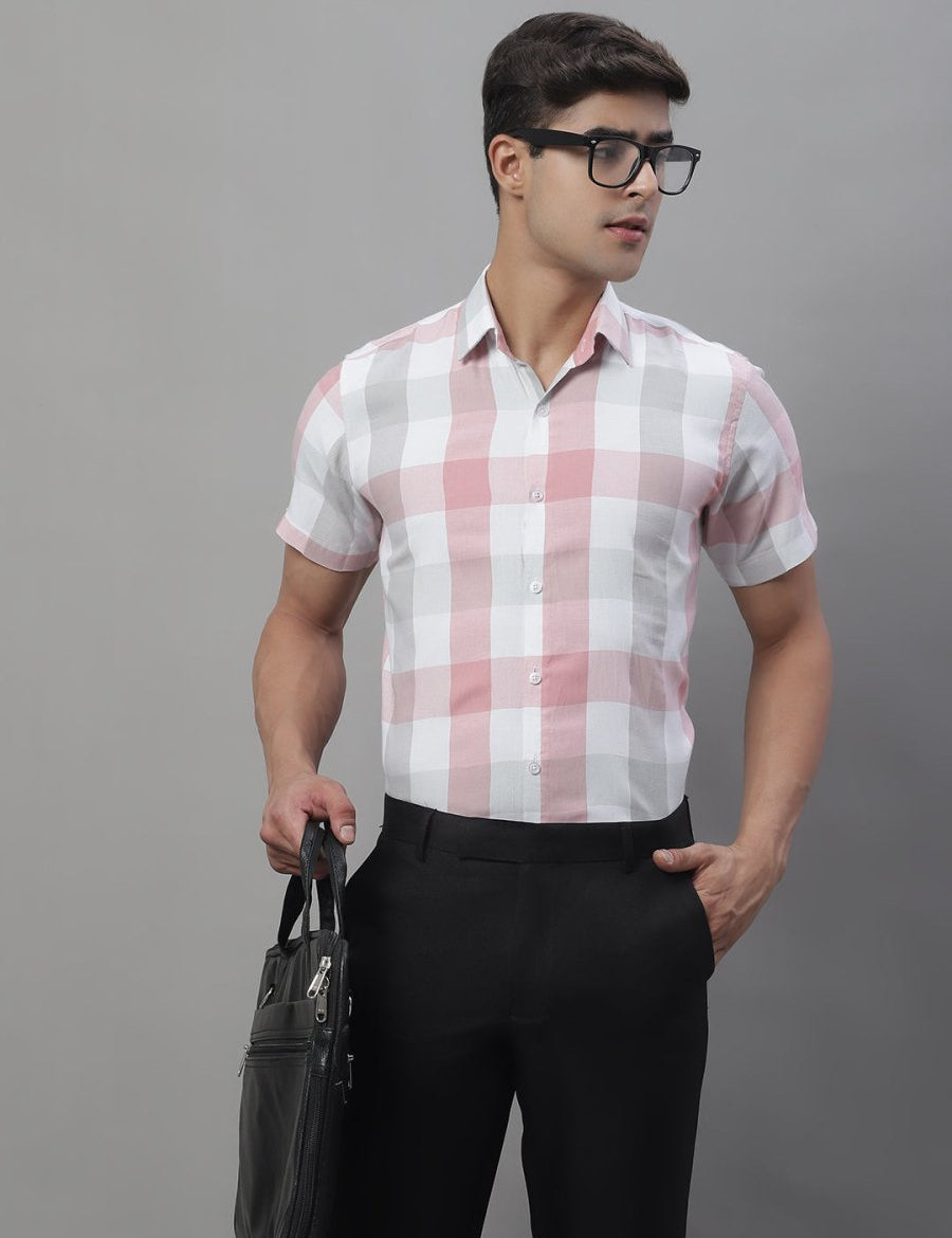 Men's Pure Cotton Checked Formal Shirts - SF_876Pink_S