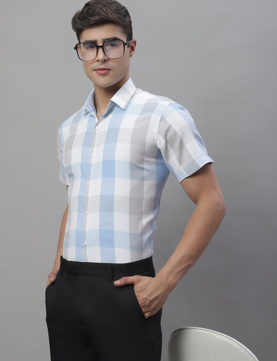 Men's Pure Cotton Checked Formal Shirts - SF_876Blue_S