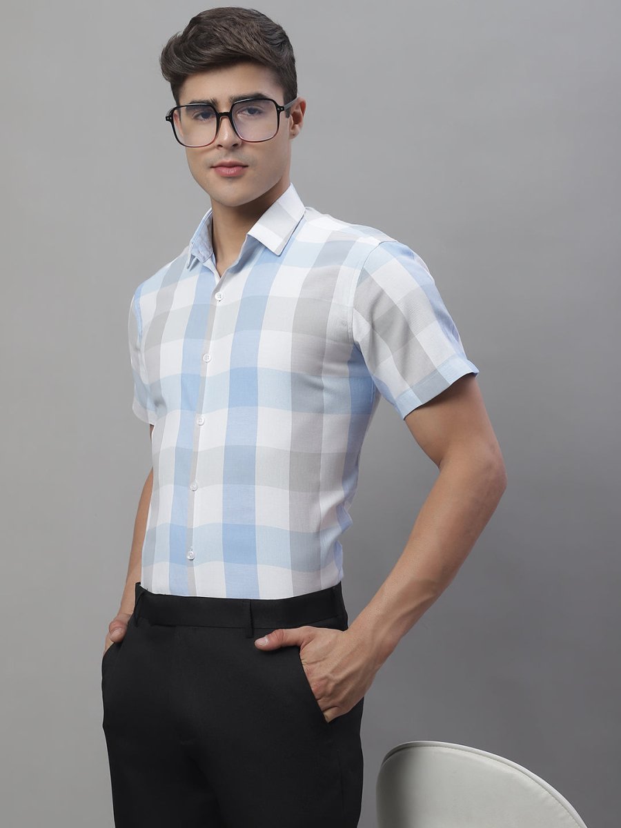 Men's Pure Cotton Checked Formal Shirts - SF_876Blue_S