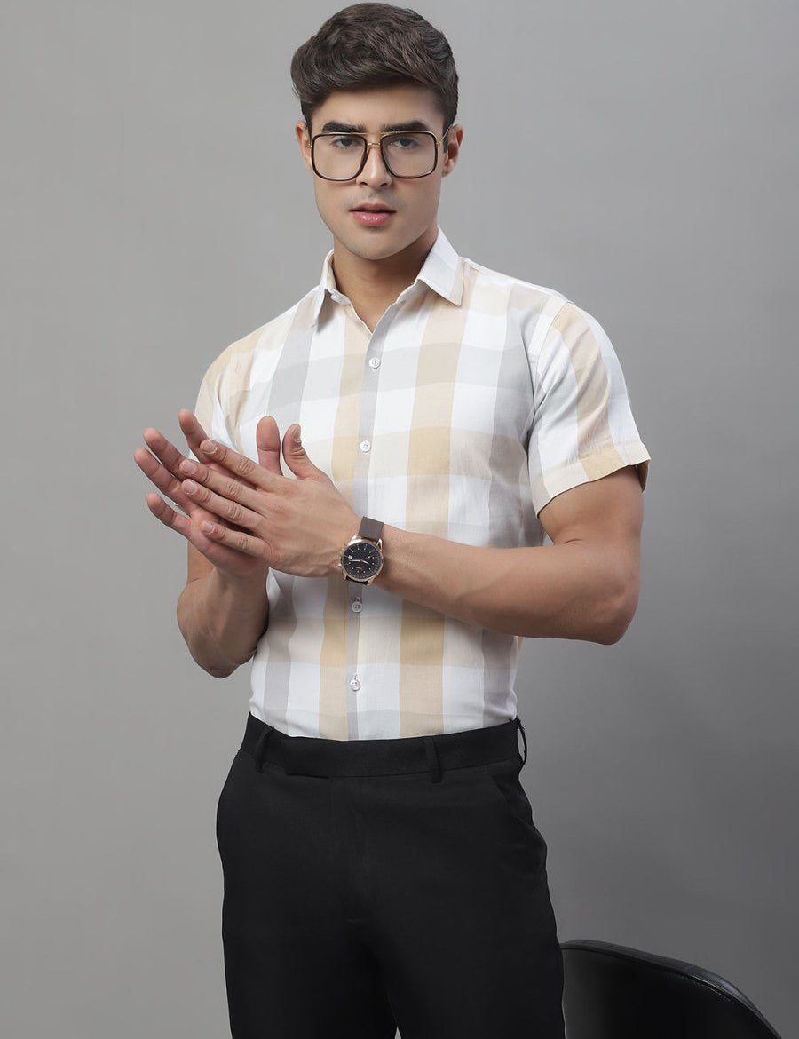 Men's Pure Cotton Checked Formal Shirts - SF_876Cream_S