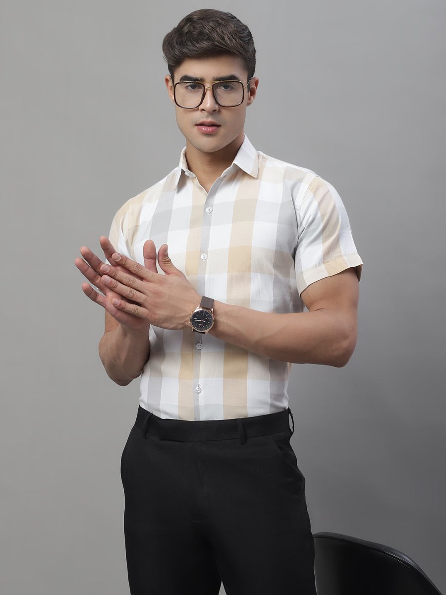 Men's Pure Cotton Checked Formal Shirts - SF_876Cream_S