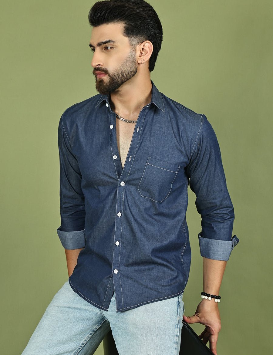 Men's Pure Cotton Full Sleeve Shirt - SF_9051Navy_S