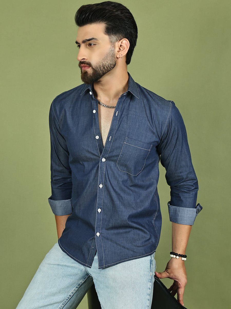 Men's Pure Cotton Full Sleeve Shirt - SF_9051Navy_S