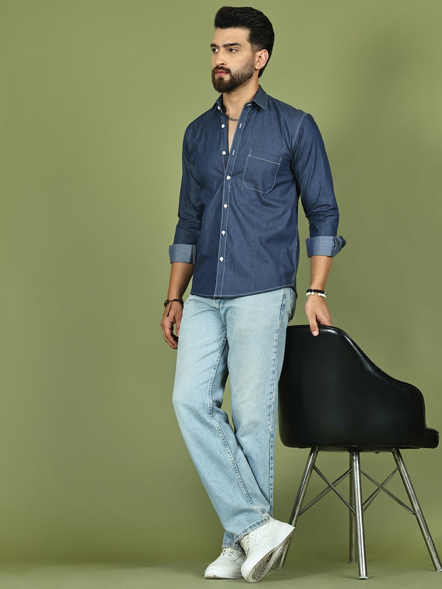 Men's Pure Cotton Full Sleeve Shirt - SF_9051Navy_S
