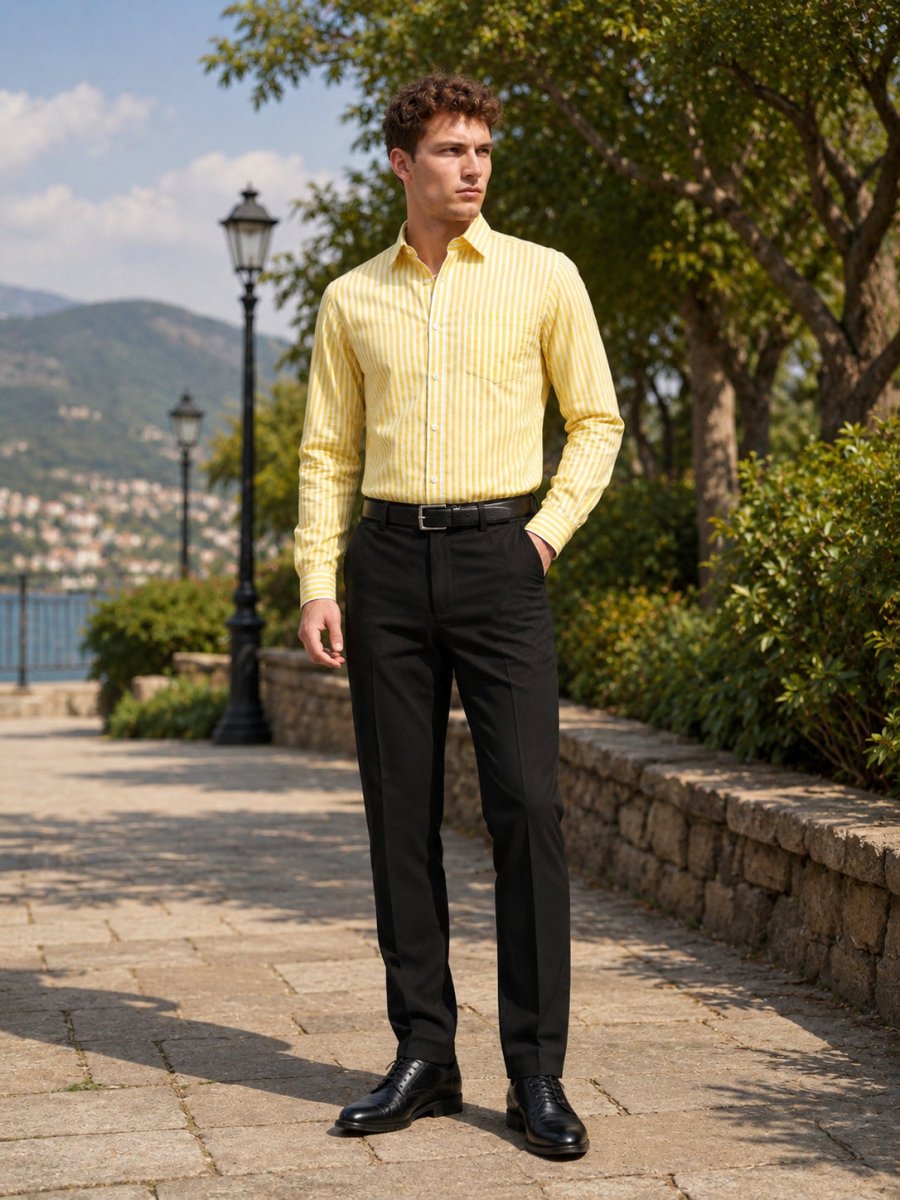 Men’s Pure Cotton Striped Formal Shirt - INSH_042Yellow_M