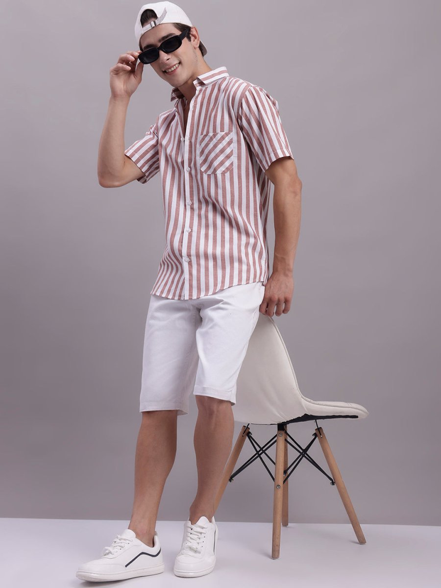 Men's Red Vertical Striped Half Sleeve Casual Shirt - SF_887Red_S