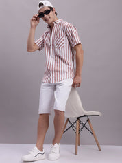 Men's Red Vertical Striped Half Sleeve Casual Shirt - SF_887Red_S