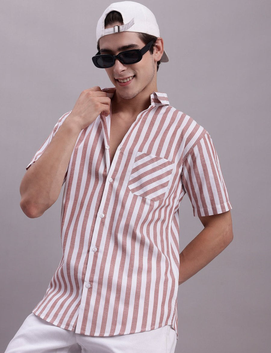 Men's Red Vertical Striped Half Sleeve Casual Shirt - SF_887Red_S