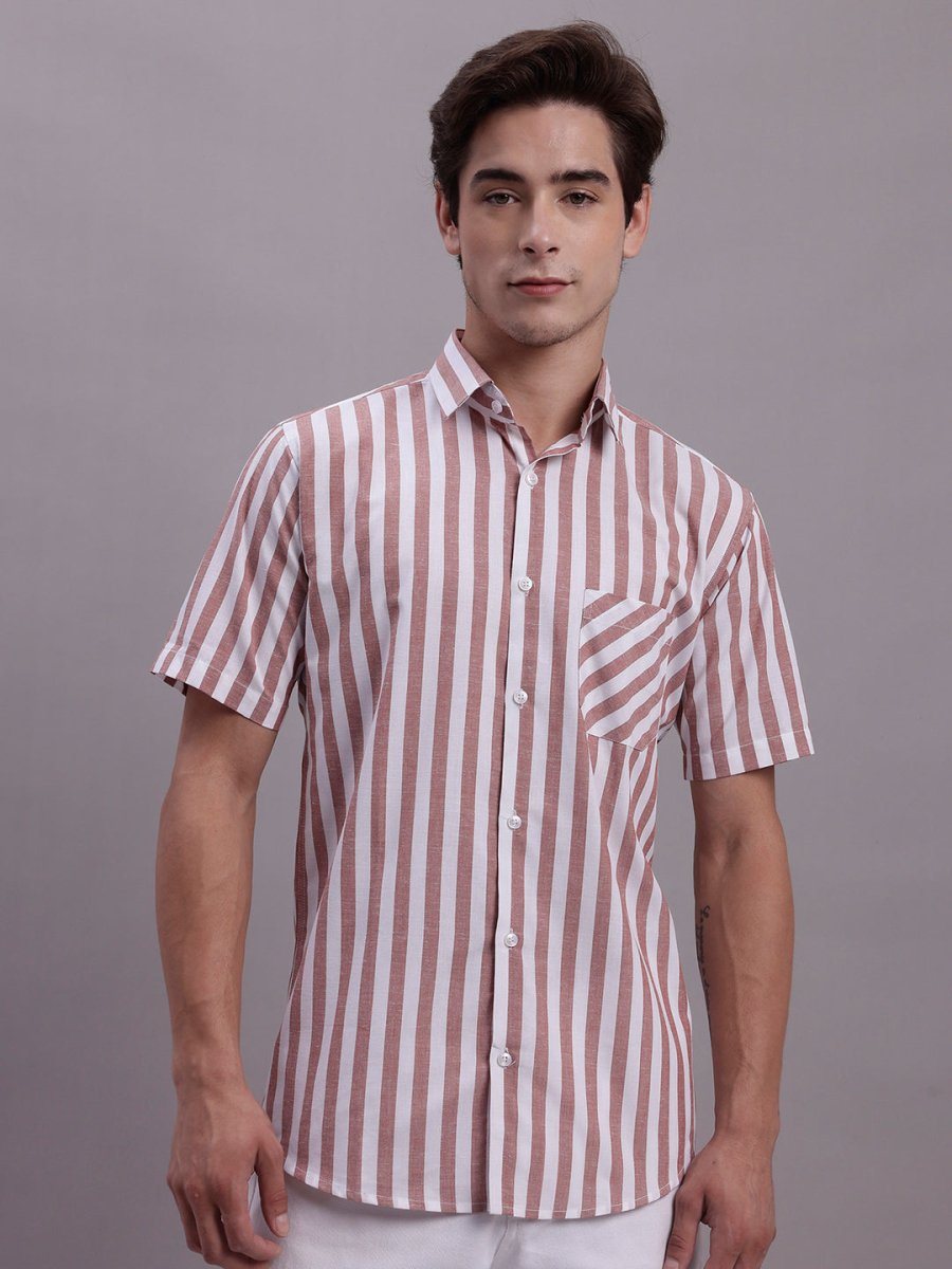 Men's Red Vertical Striped Half Sleeve Casual Shirt - SF_887Red_S