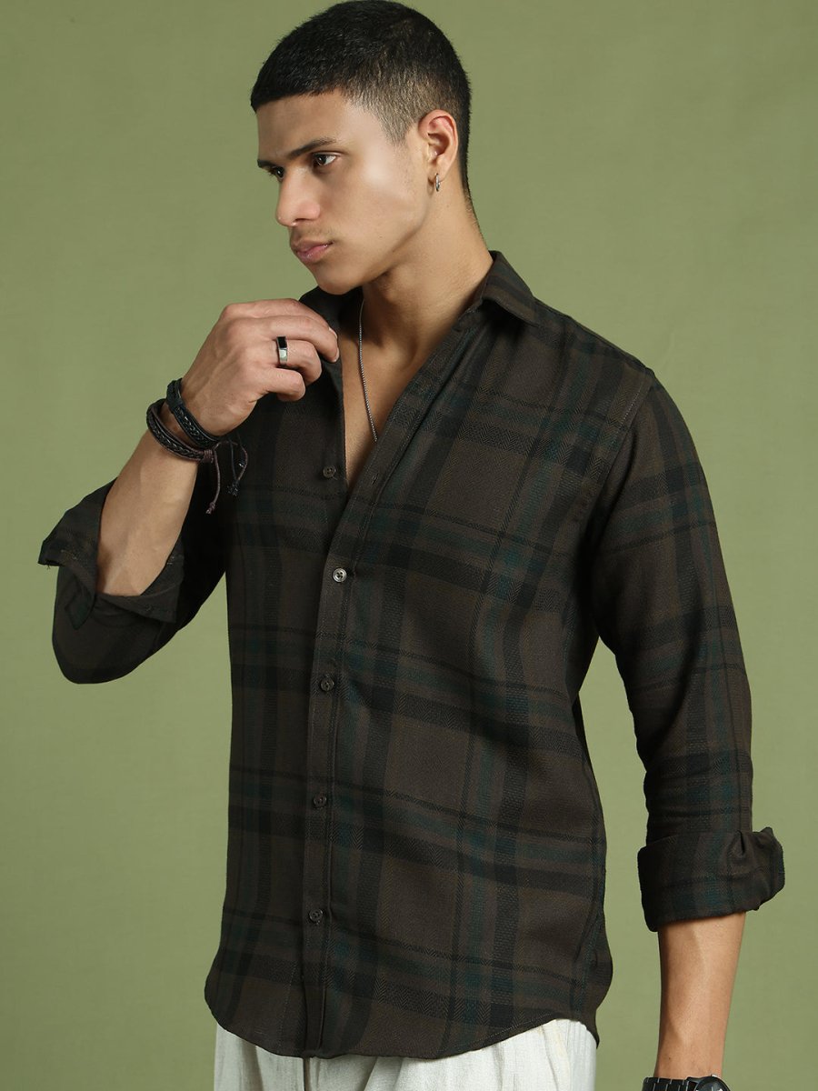 Men's Regular Fit Checkered Casual Shirt - SF_9047Coffee_S