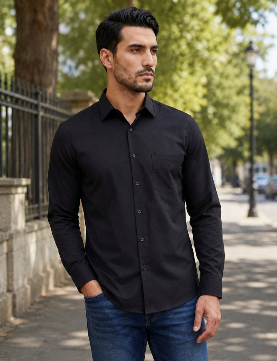 Men's Satin Lycra Solid Casual Shirt - SF_883Black_S