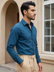 Men's Satin Lycra Solid Formal Shirt - SF_883Peacock_S