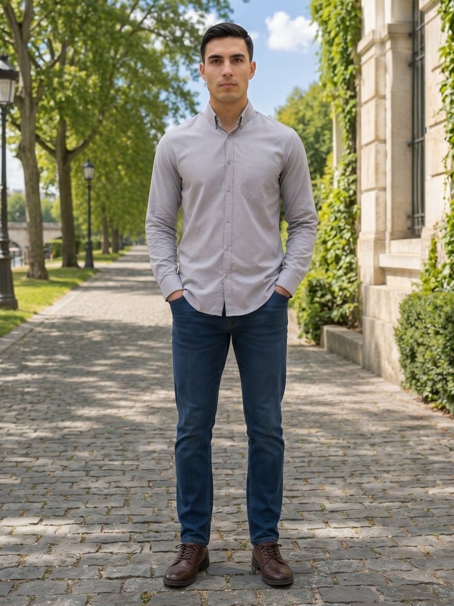 Men’s Solid Button-Down Collar Casual Shirt - SF_9042Grey_S