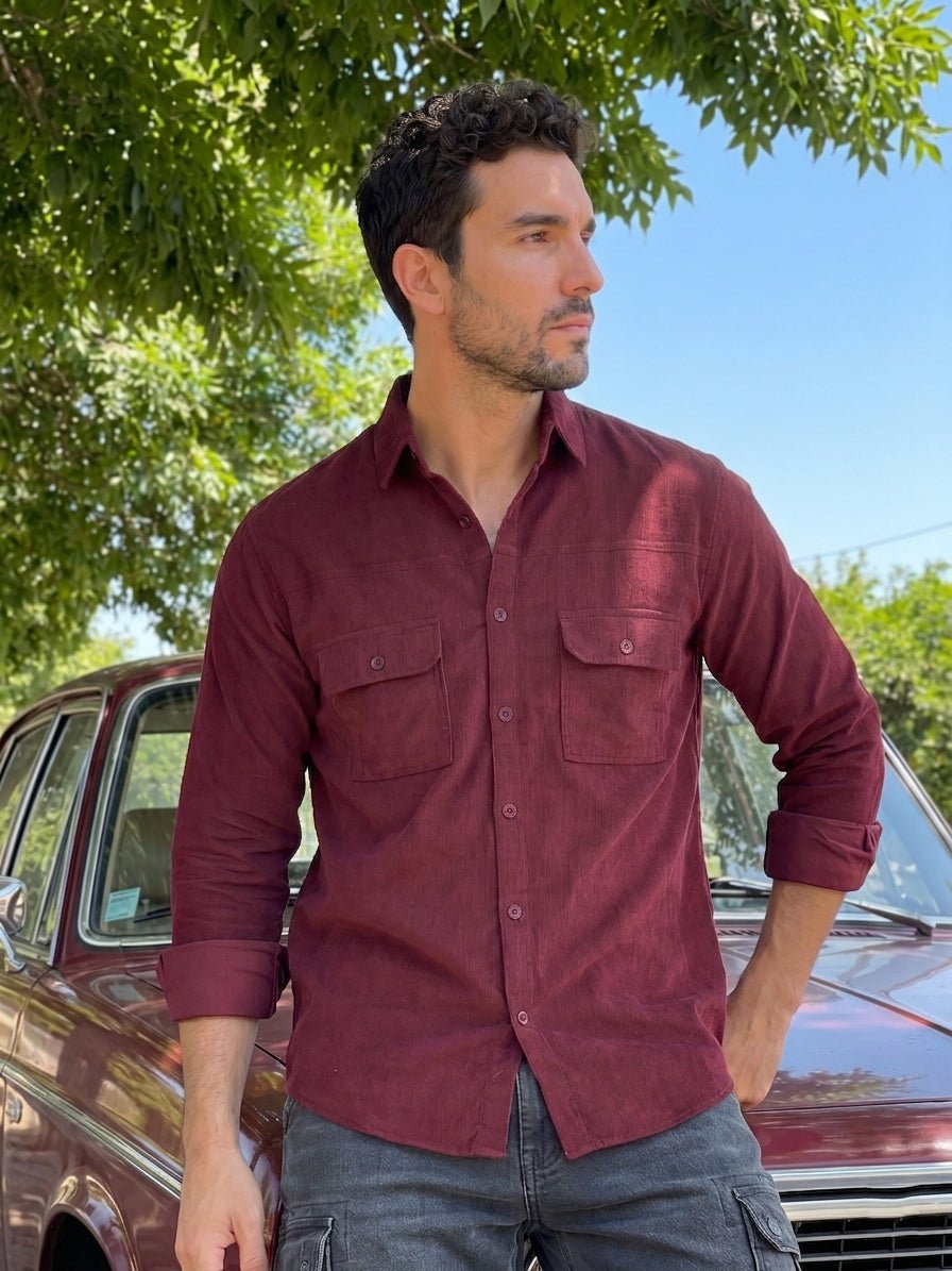 Men's Standard Corduroy Cotton Shirt - SF_925Maroon_S