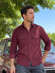 Men's Standard Corduroy Cotton Shirt - SF_925Maroon_S