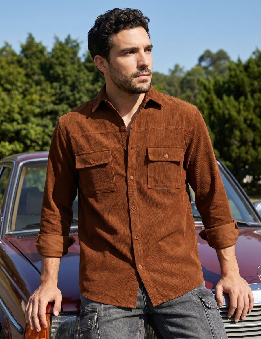 Men's Standard Corduroy Cotton Shirt - SF_925Brown_S