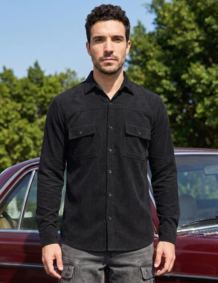 Men's Standard Corduroy Cotton Shirt - SF_925Navy_S