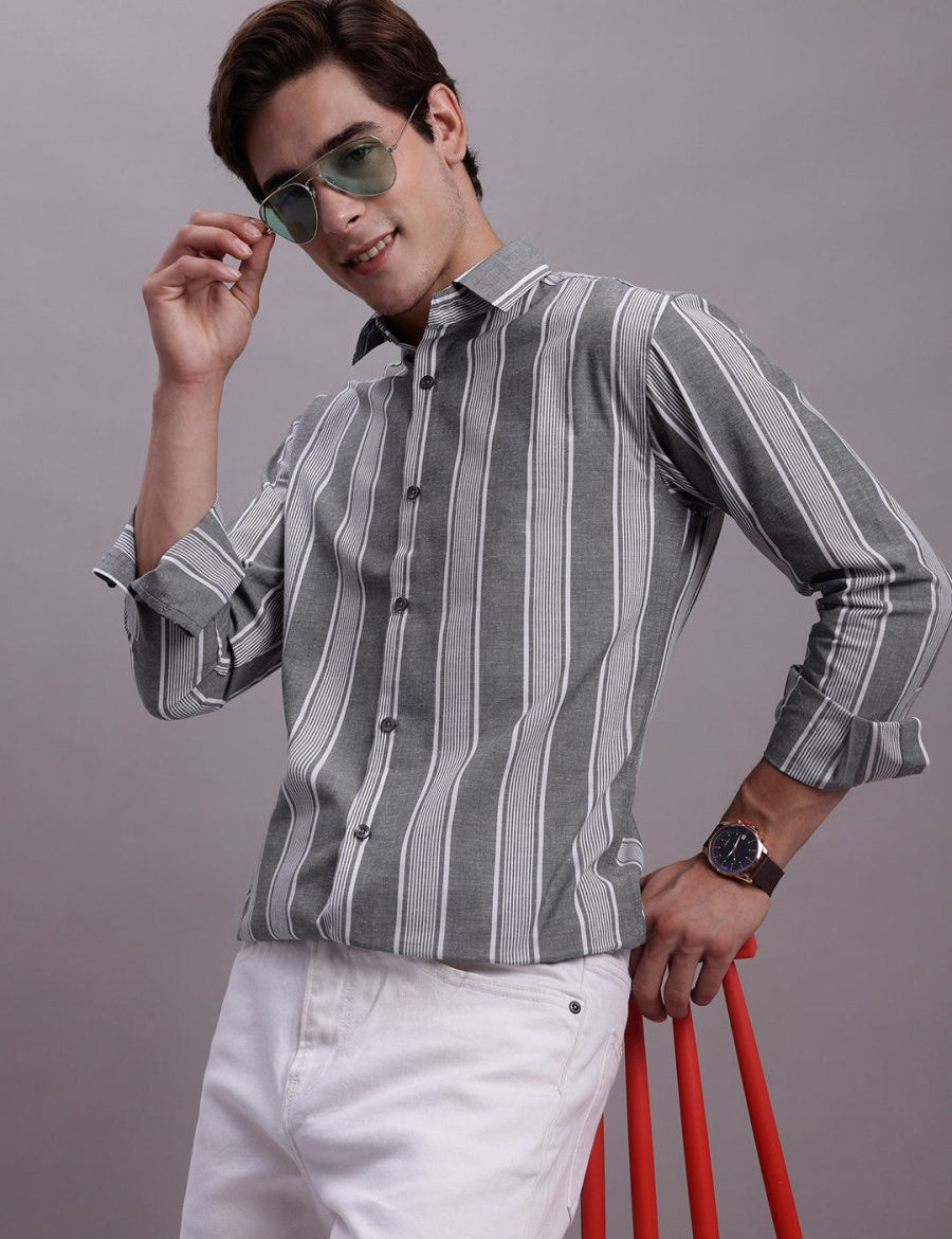 Men's Striped Casual Shirt - SF_890Grey_S