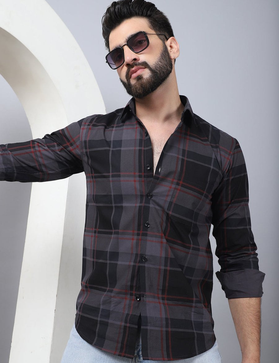 Men's Tartan Checked Cotton Casual Shirt - SF_958Black_S