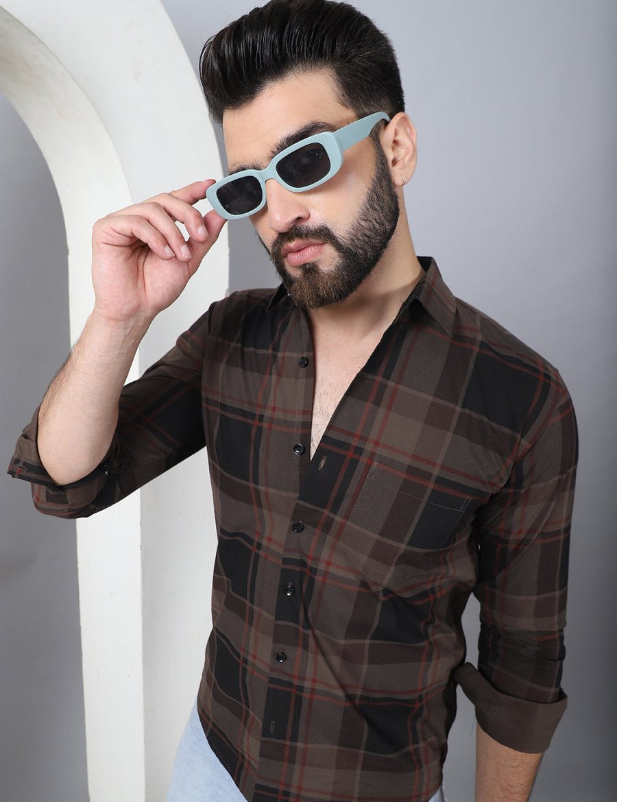 Men's Tartan Checked Cotton Casual Shirt - SF_958Coffee_S