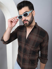 Men's Tartan Checked Cotton Casual Shirt - SF_958Coffee_S