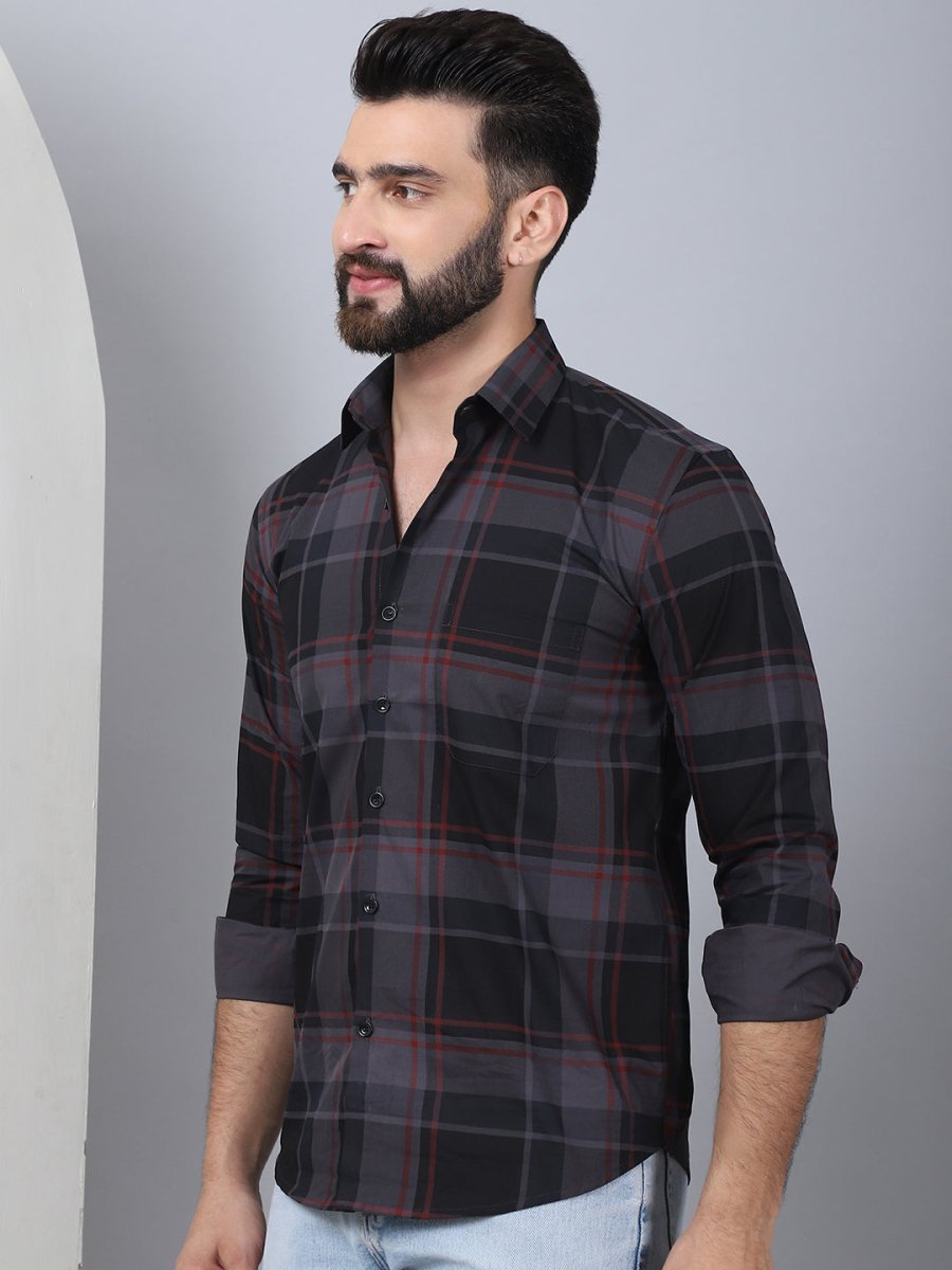 Men's Tartan Checked Cotton Casual Shirt - SF_958Black_S