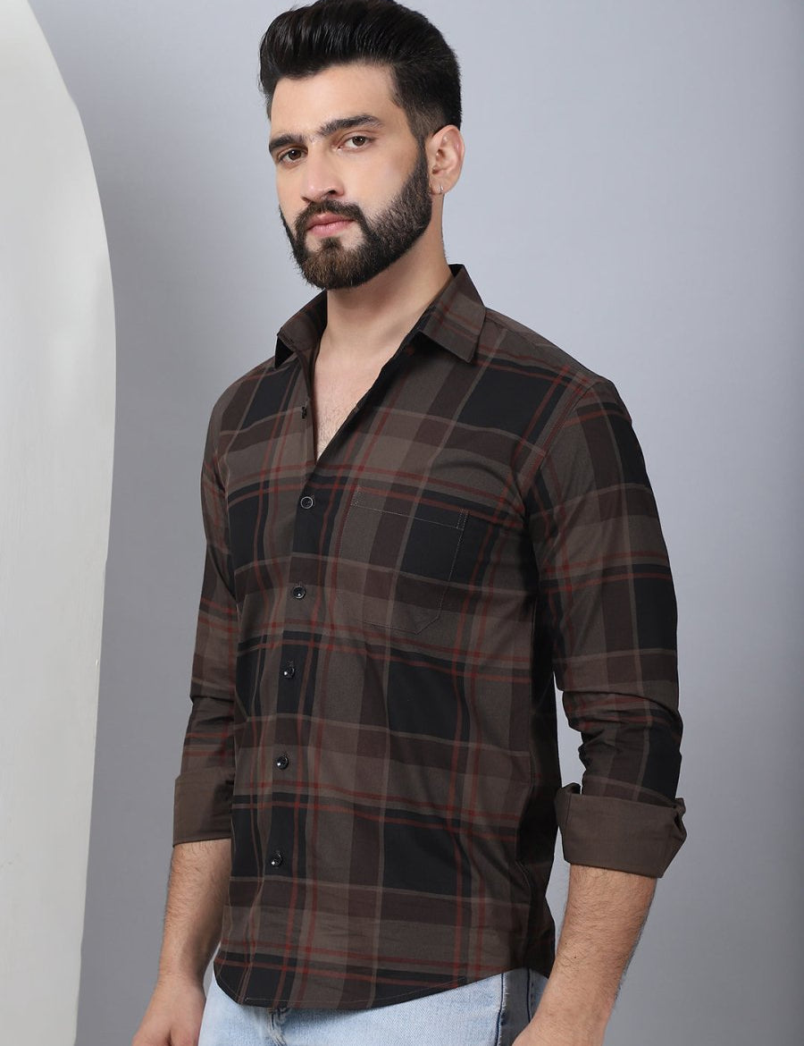 Men's Tartan Checked Cotton Casual Shirt - SF_958Coffee_S