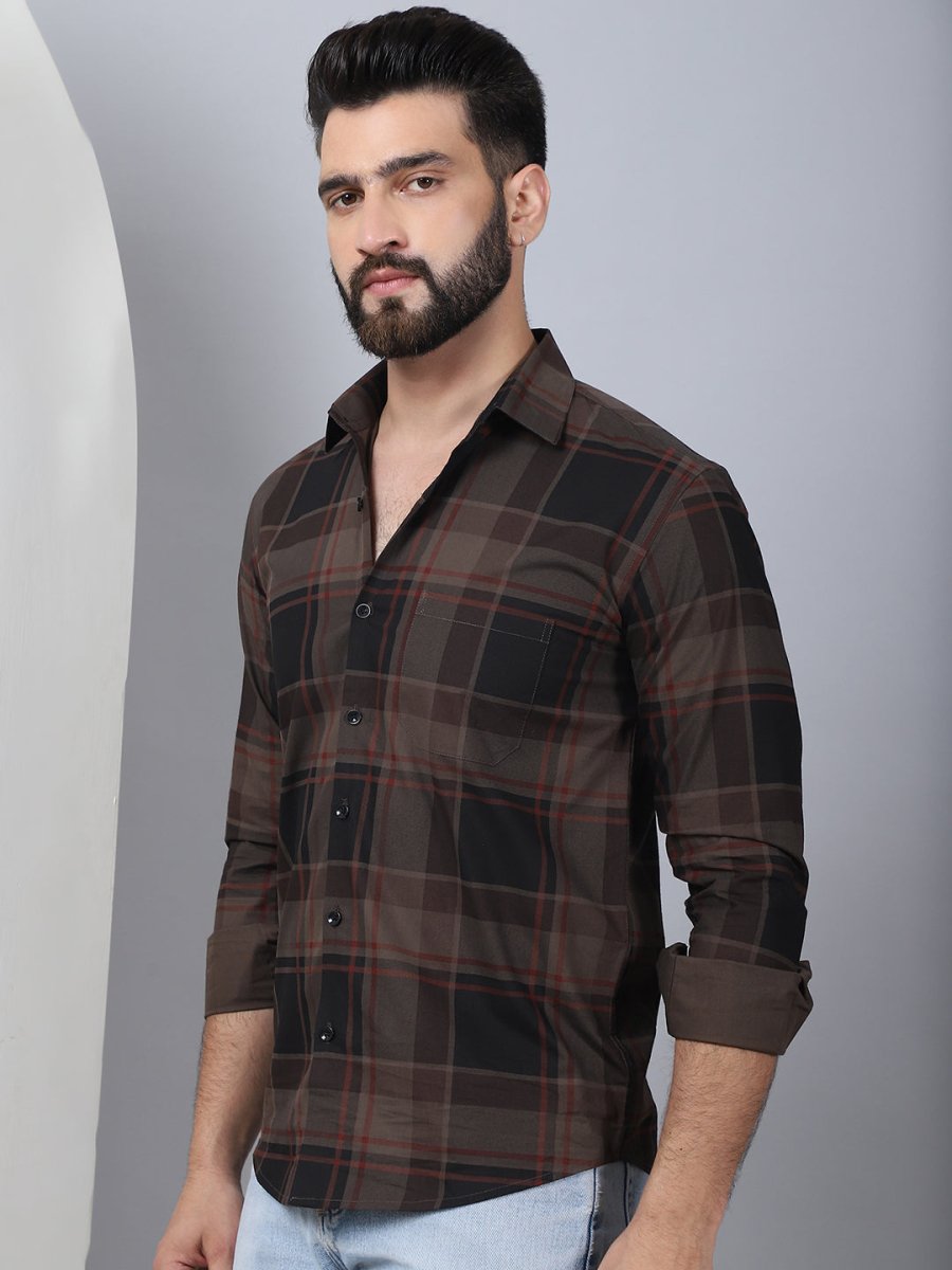 Men's Tartan Checked Cotton Casual Shirt - SF_958Coffee_S
