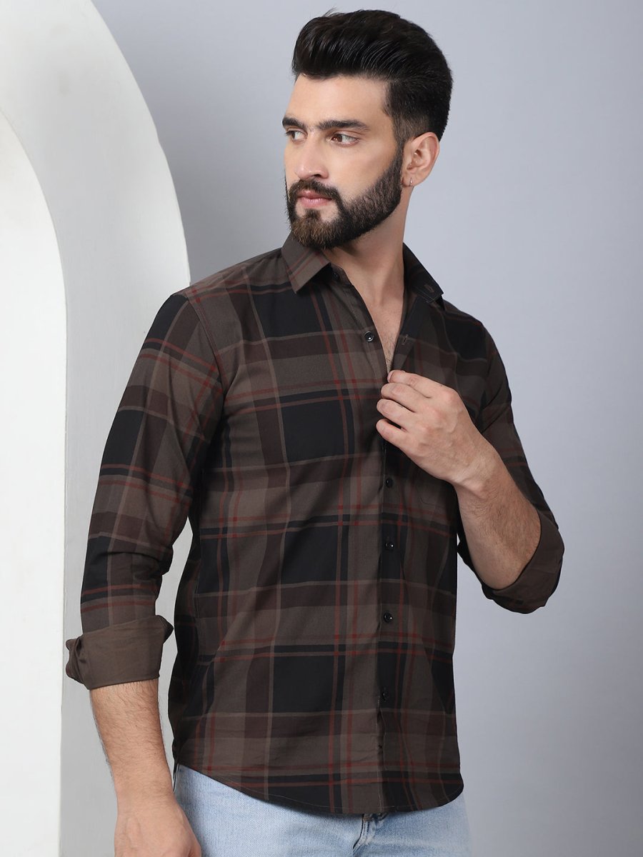 Men's Tartan Checked Cotton Casual Shirt - SF_958Coffee_S