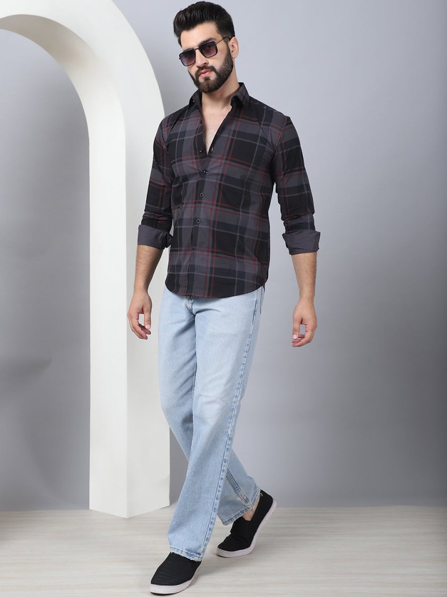 Men's Tartan Checked Cotton Casual Shirt - SF_958Black_S