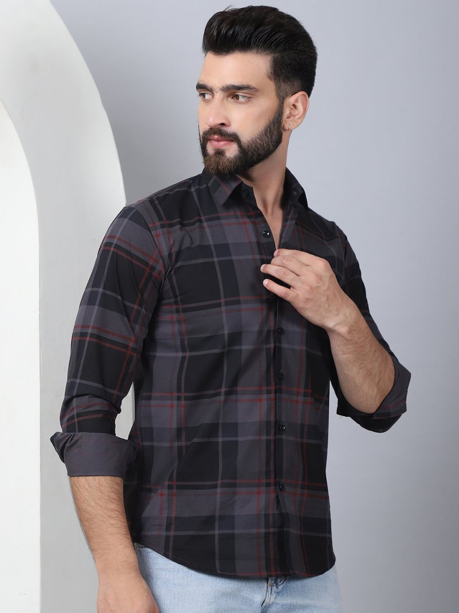 Men's Tartan Checked Cotton Casual Shirt - SF_958Black_S