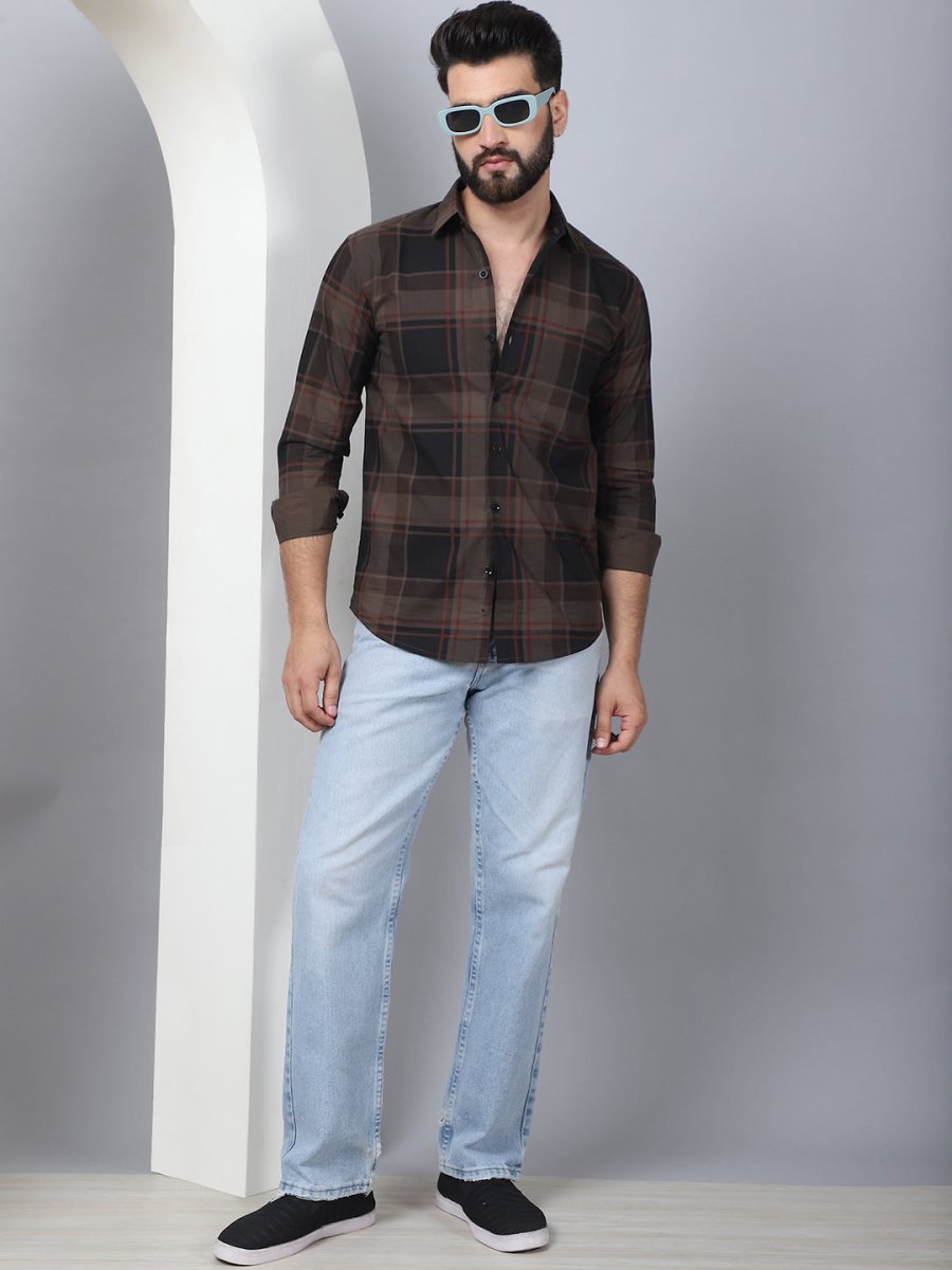Men's Tartan Checked Cotton Casual Shirt - SF_958Coffee_S
