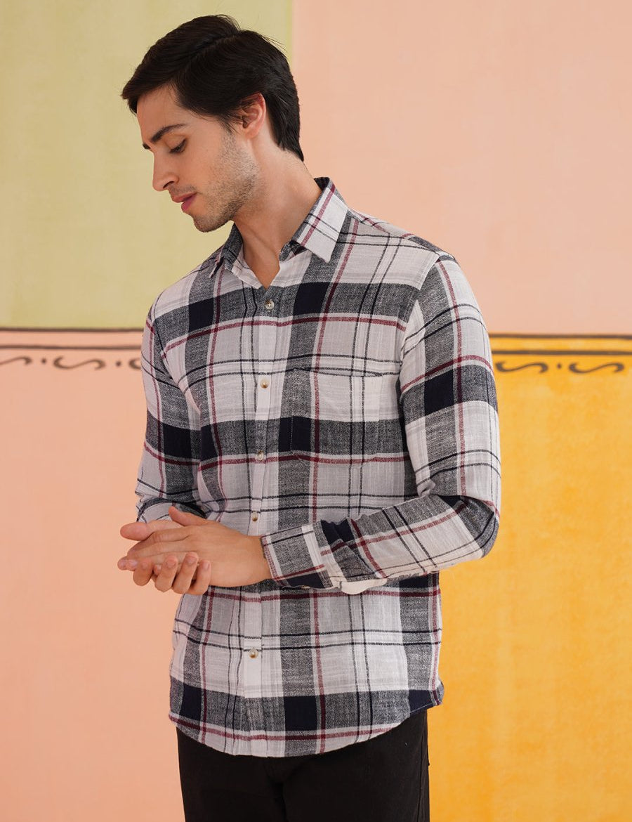 Men's Tartan Checks Cotton Casual Shirt - SF_9016White_S