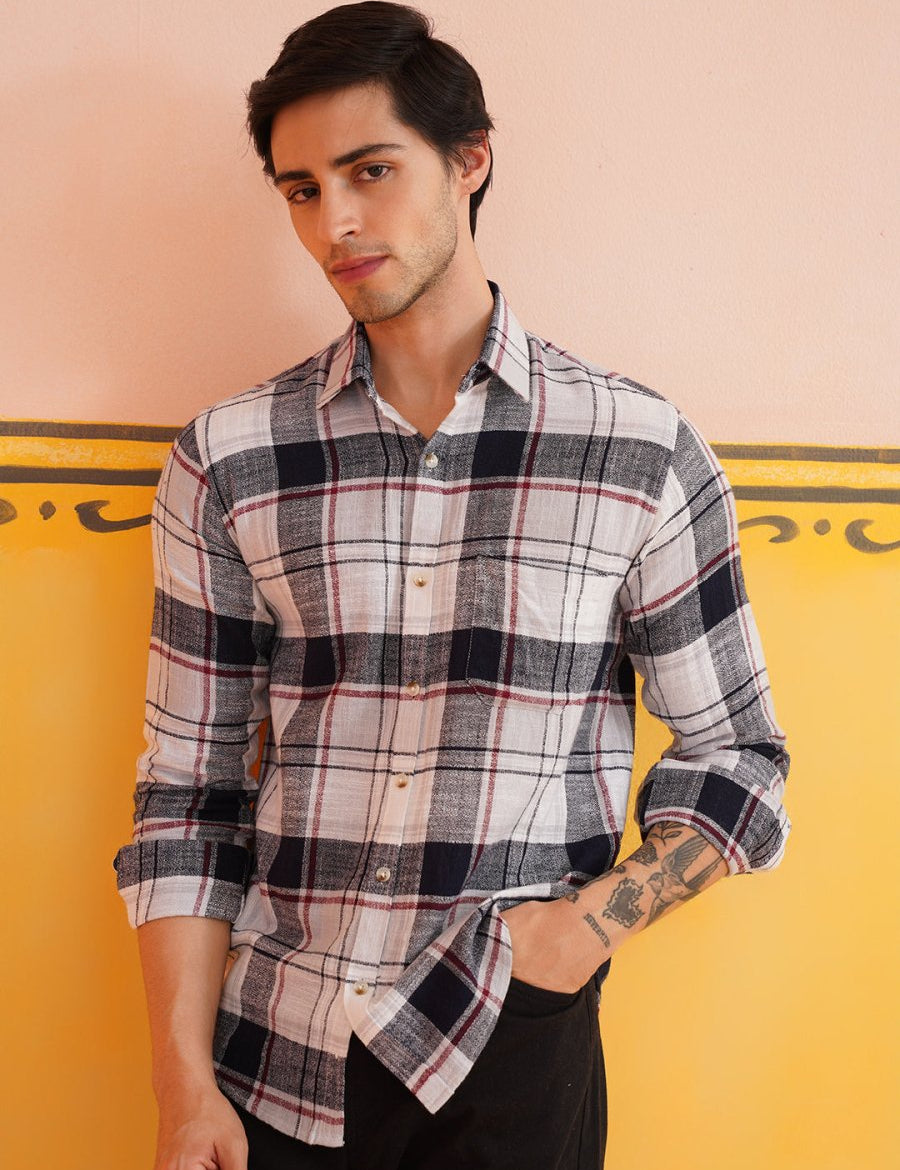 Men's Tartan Checks Cotton Casual Shirt - SF_9016White_S