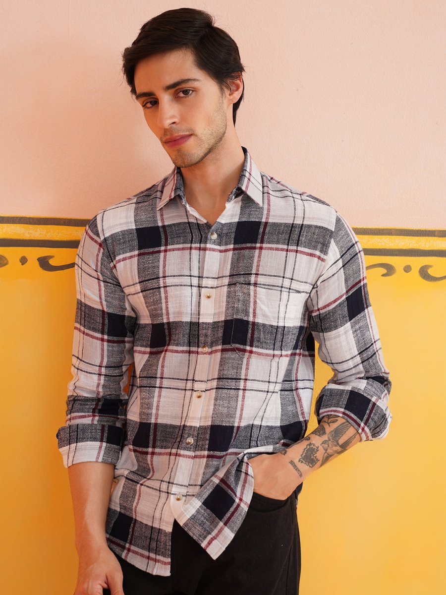 Men's Tartan Checks Cotton Casual Shirt - SF_9016White_S