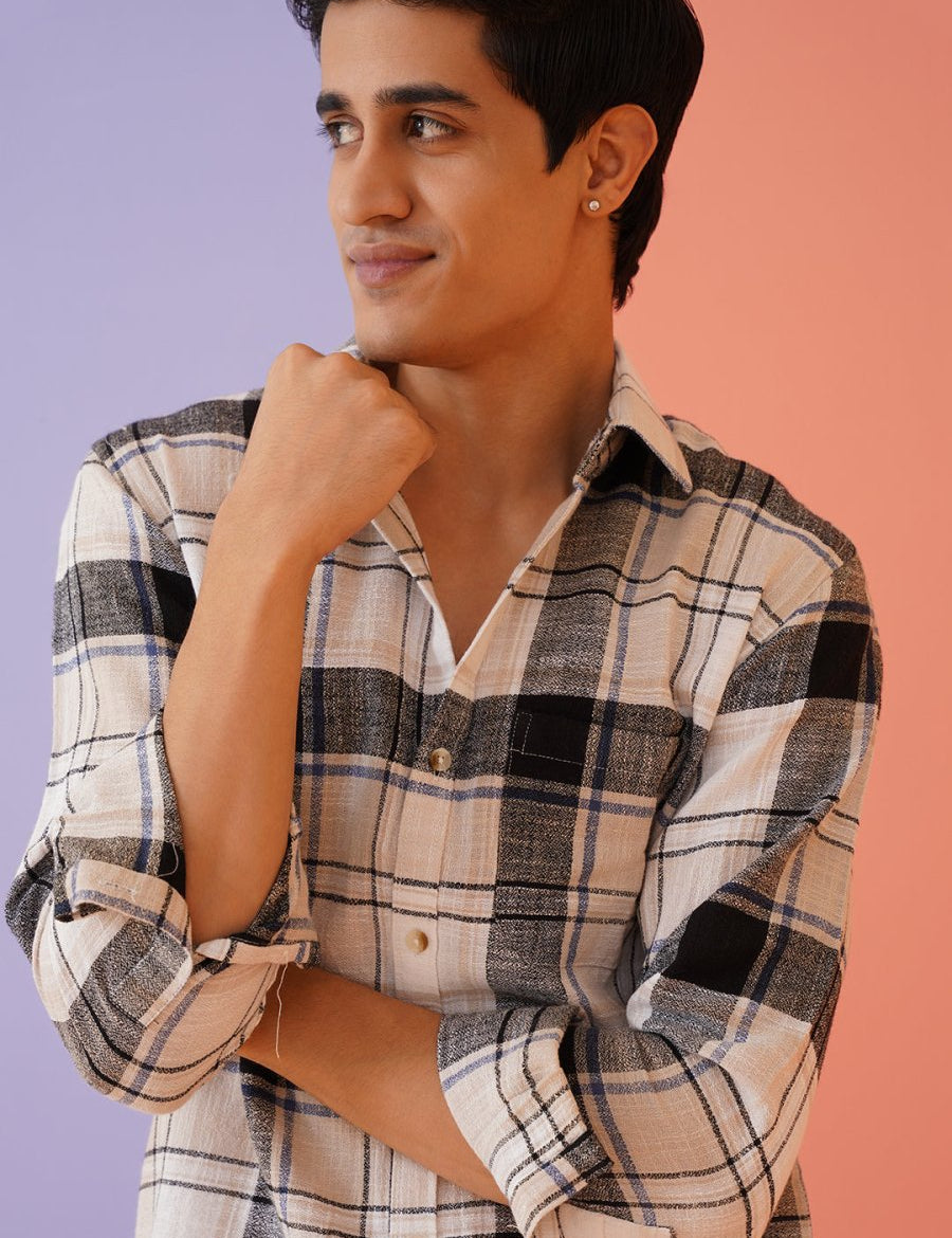 Men's Tartan Checks Cotton Casual Shirt - SF_9016Cream_S