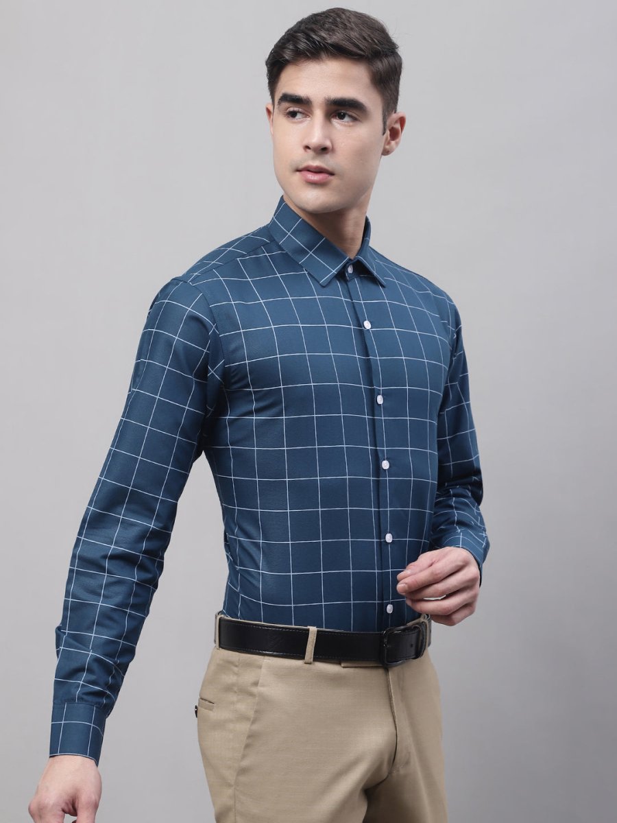 Men's Teal Blue Cotton Checked Formal Shirt - SF_742Teal_S