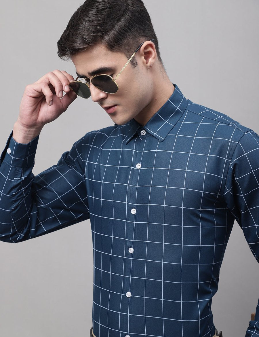 Men's Teal Blue Cotton Checked Formal Shirt - SF_742Teal_S
