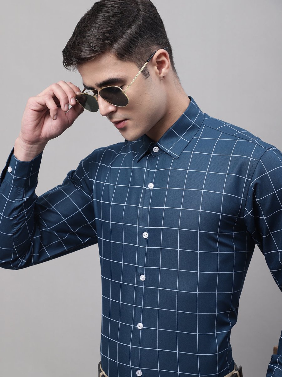 Men's Teal Blue Cotton Checked Formal Shirt - SF_742Teal_S