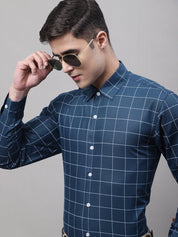 Men's Teal Blue Cotton Checked Formal Shirt - SF_742Teal_S